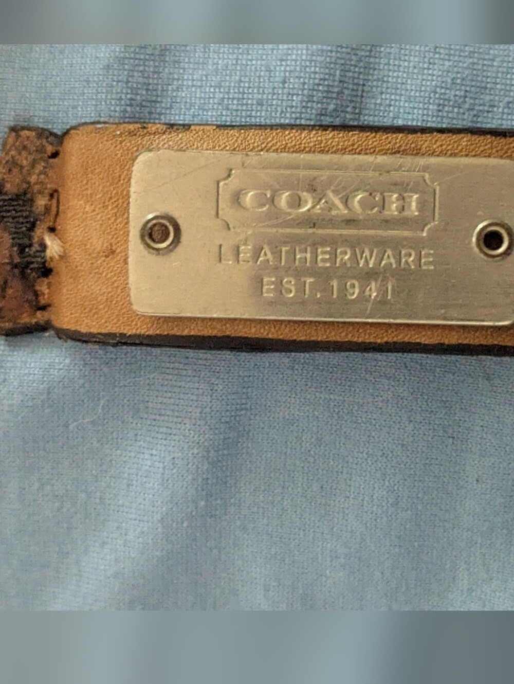 Coach Vintage Metal Logo Plaque with Tan Leather Trim